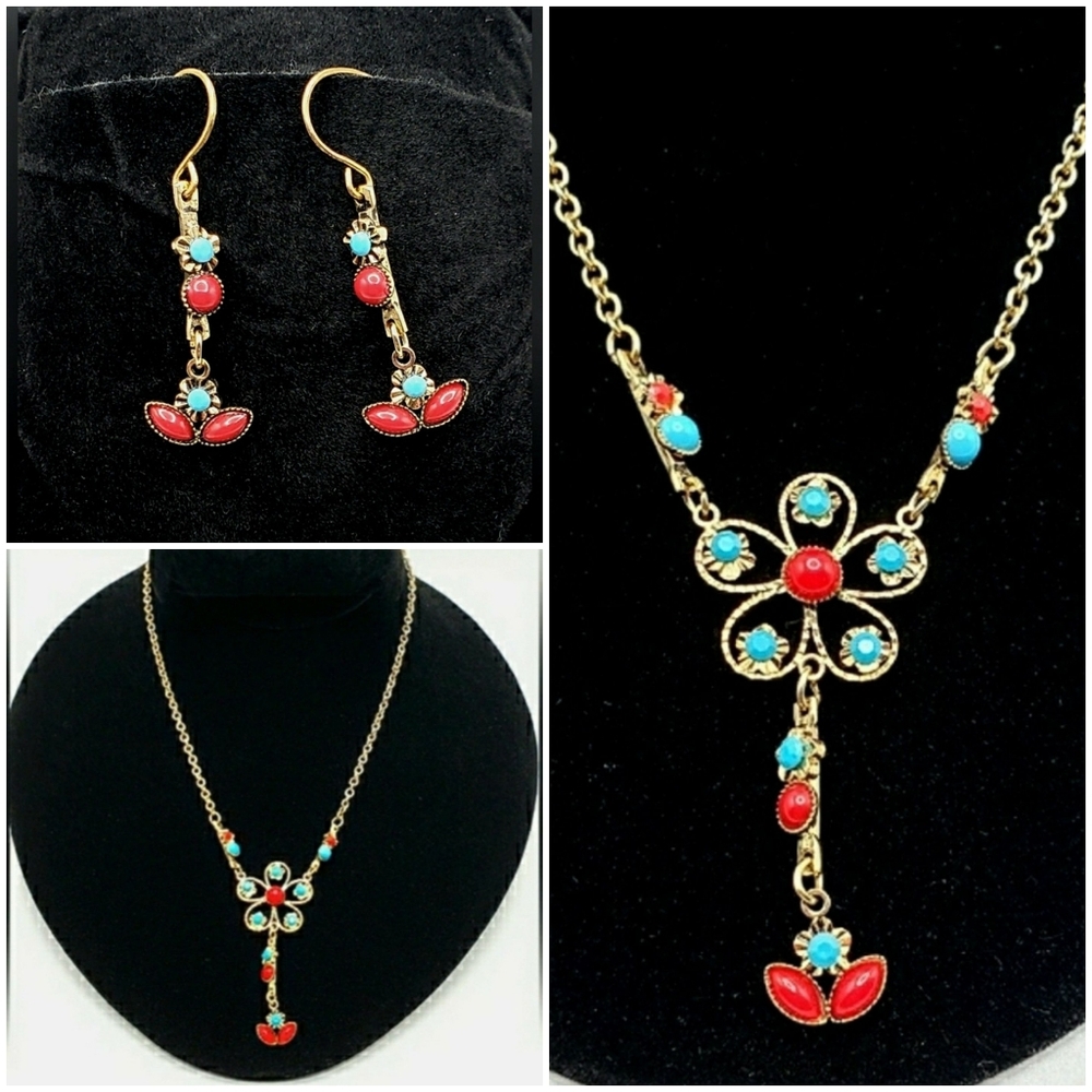 2 pc set Gold Chain Necklace Pierced Earrings Red Turquoise Blue Flower VS3
